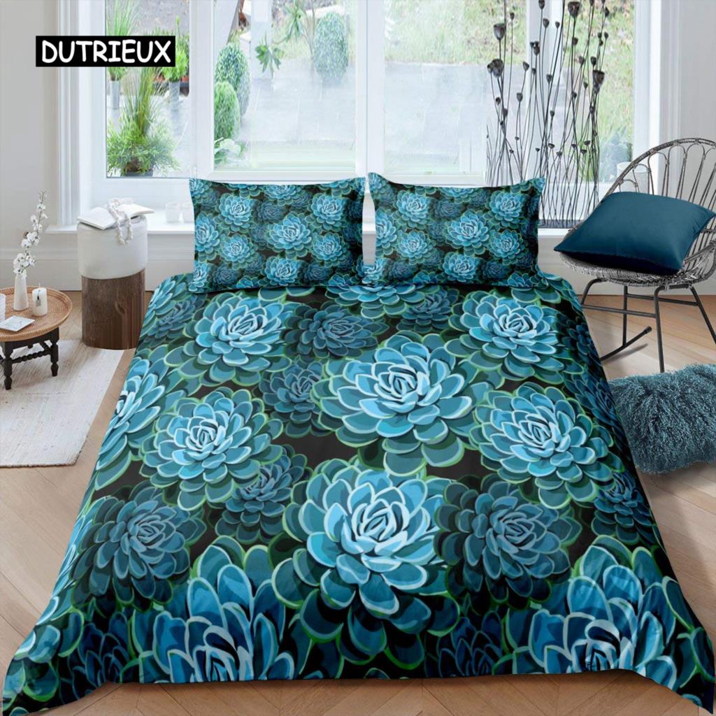 Пододеяльник с суккулентами, комплект постельного белья с зелеными растениями, тропическим ботаническим рисунком, акварелью, стильным принтом природы, двухспальное покрывало