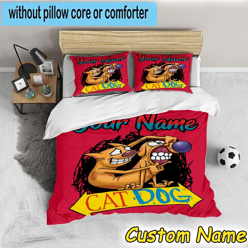 3pcs Custom Name Cat Dog Adventure Bedding Set Includes 1 Duvet Cover & 2 Pillowcases for All Seasons Dormitory Home Decor Christmas gifts