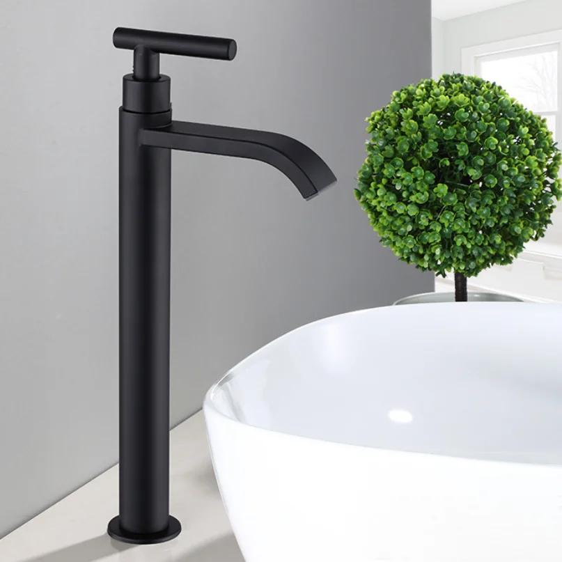 black stainless steel Single Cold Faucet Black Paint Operation Bathroom Basin Tap High Faucets