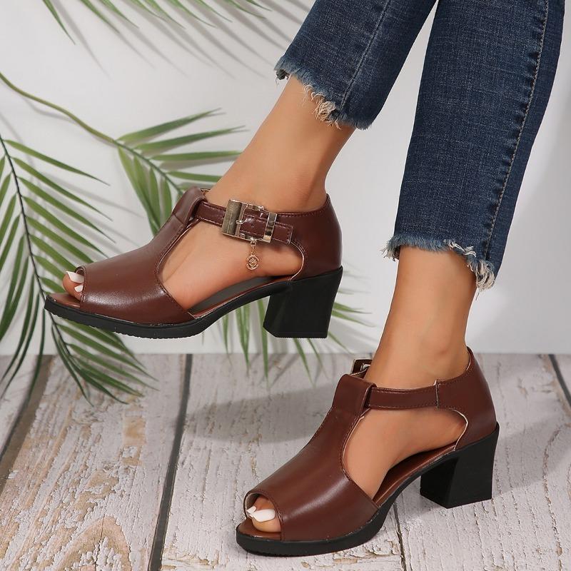 Сандалии женские с рыбьим ртом на весну и лето, новые римские женские туфли на толстом каблуке, универсальные туфли для мам на среднем каблуке