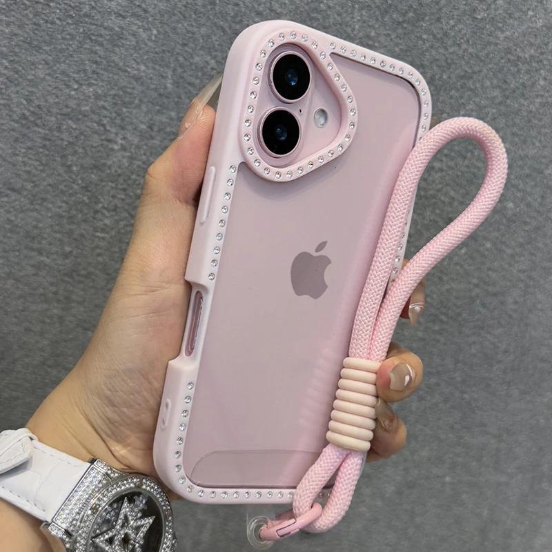 Прозрачный чехол для телефона со стразами и блестками для iPhone 16 16E 15 14 13 12 11 Pro Max 16Plus 16Pro С ремешком-шнурком