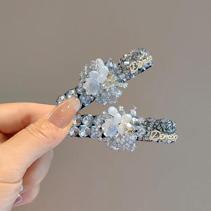 Винтажная корейская заколка для волос с синим кристаллом в виде цветка - Роскошная блестящая заколка-невидимка для челки и боковых прядей
