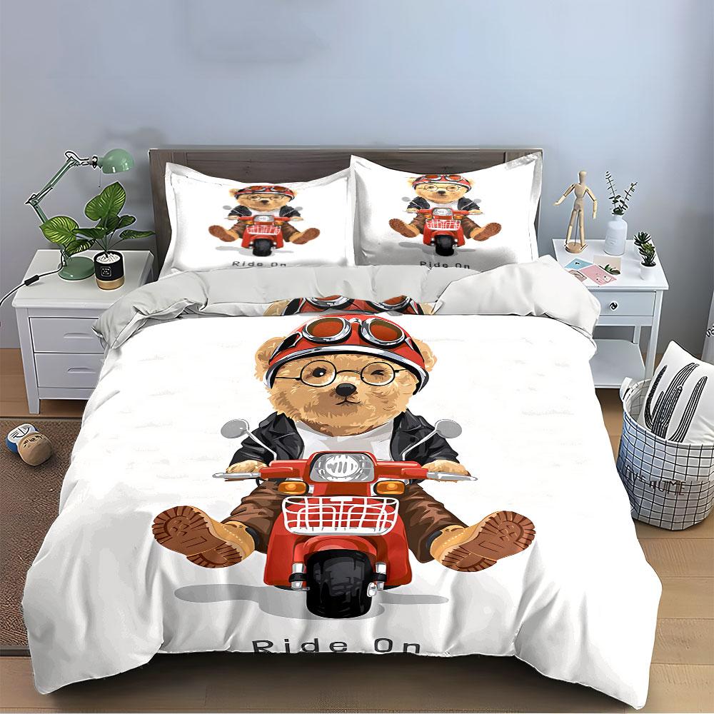 Teddy Bear on Red Scooter Bedding Duvet Cover Set Duvet Cover Pillowcases (1*Duvet Cover 2*Pillowcases, without duvet insert)