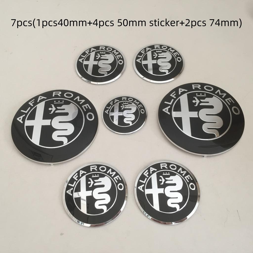 QJDS8 7pcs forAlfa Romeo Car emblem Wheel Cover caps front Hood badge rear Trunk Steering sticker Styling 2x74mm , 4x50mm,1x40mm
