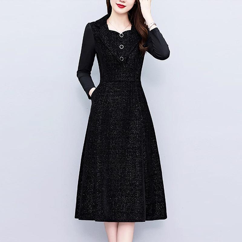 Large Size Black Fashion Lapel Dress Women's Winter Fat Mm Waist Foreign Style Skirt