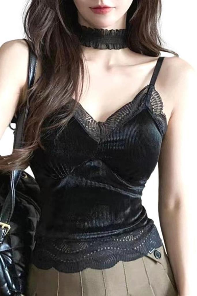 Бархатная майка-бра с сексуальным кружевным нижним бельем для красивой a-fua Cami, Чашки, Отделка, Майка для демонстрации, Грудь, Осень/Зима (черный)