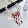 Готическое ожерелье Ожерелье с подвесками в виде капель крови Жемчужное 3-слойное ожерелье-чокер с бисерной кисточкой для Хэллоуина, вечеринок в стиле хоррор, ролевых игр