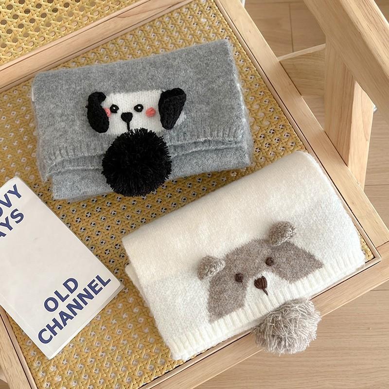 Cozy Knitted Scarf With Cute Animal Embroidery Women Winter Warm Soft Plush Neck Wrap In Gray Or Cream