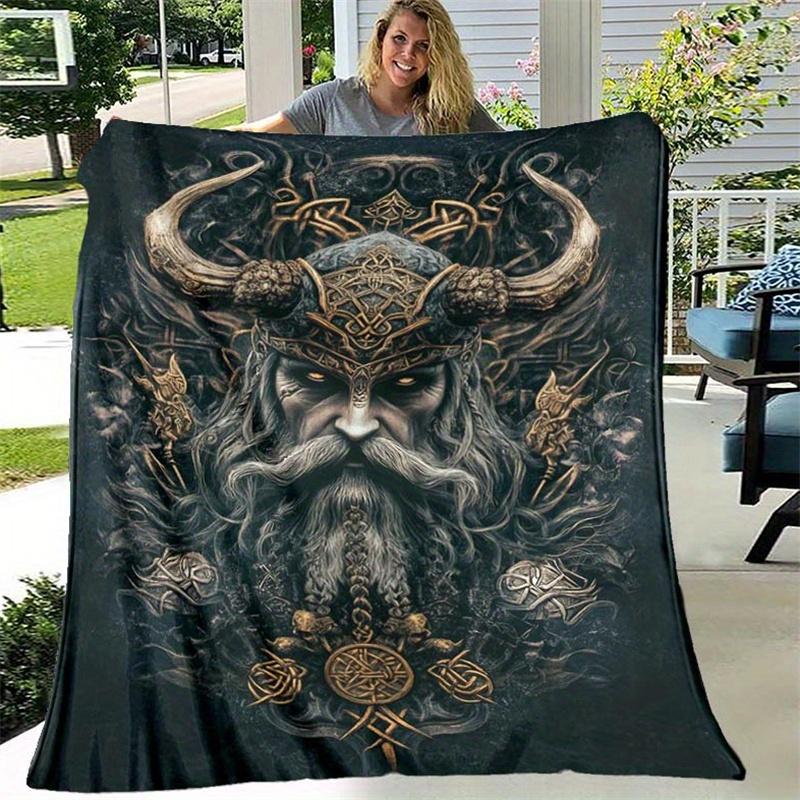 Dark fantasy style Viking head pattern printed blanket, suitable for sofa, bed, camping, office, travel gift blanket, all-season multi-purpo