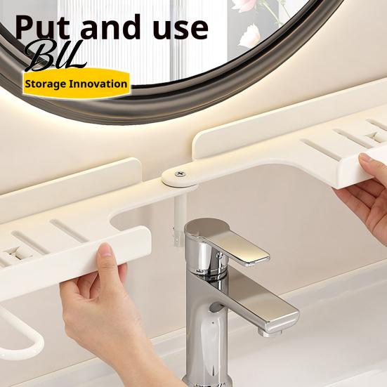 Bathroom Sink Organizer Foldable Faucet Storage Rack, 180 Degree Straight Deployment And 90 Corner Counter Turn Two Installation Way, Durable