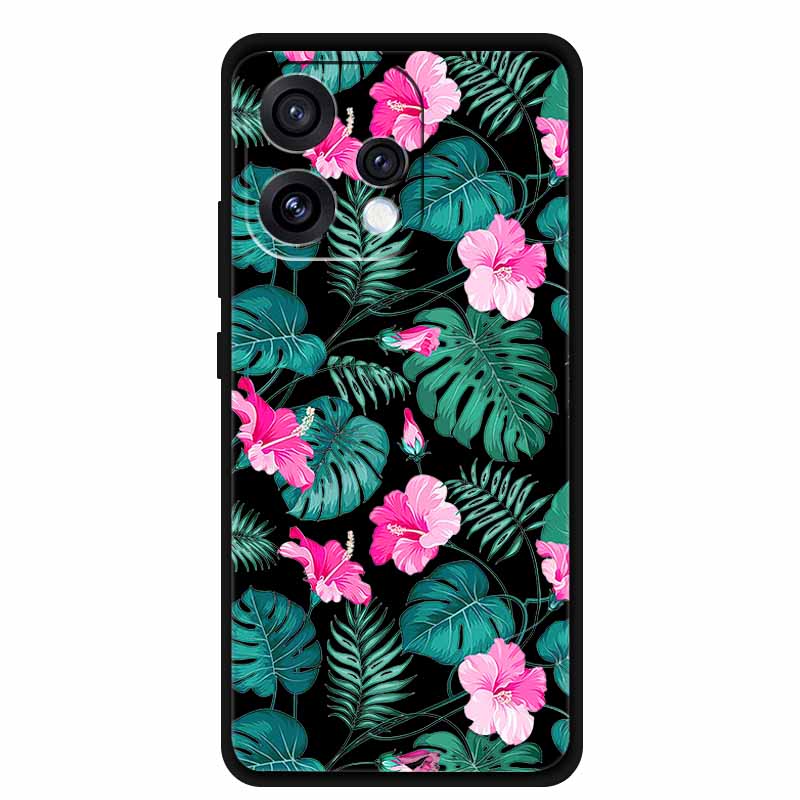 Чехол для Oppo Reno15 5G Цветочный Черный Силиконовый Мягкий Защитный Задний Чехол для Oppo Reno 15C 2025 Чехол для Телефона Coque Мультяшные Ракушки