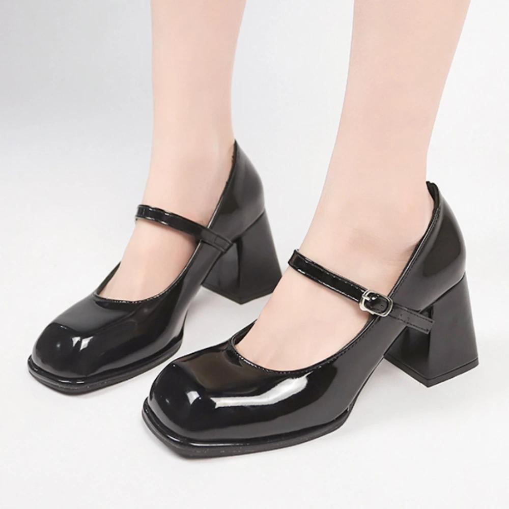 Туфли женские Туфли Мэри Джейн на высоком каблуке Платформа Каблуки с пряжкой Нескользящие Повседневные Туфли на среднем каблуке Офисные женские Туфли-лодочки