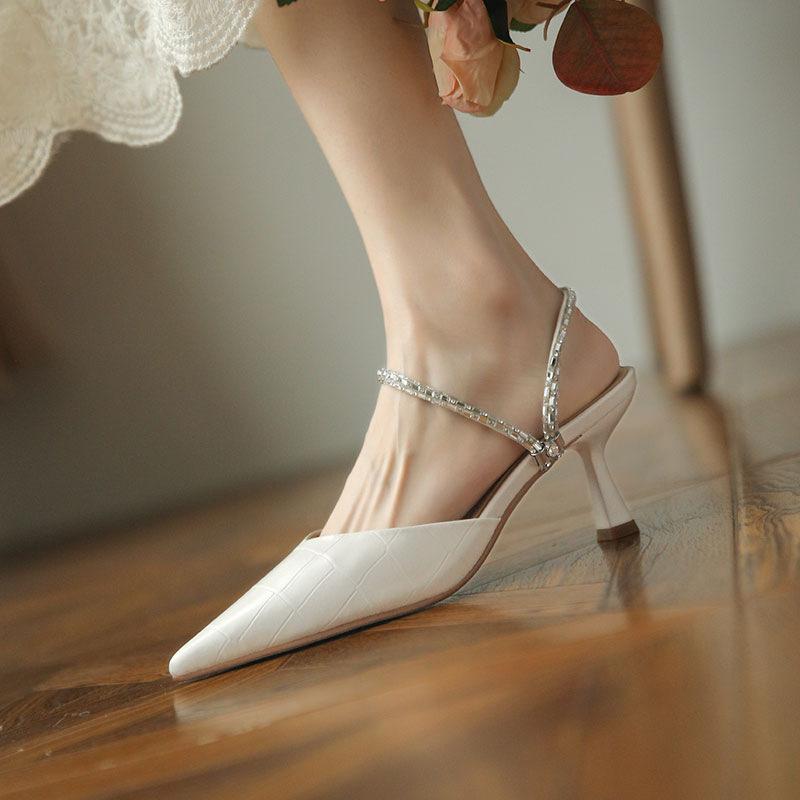 2025 летние новые сандалии с застежкой-мешком женские летние две модели с острым носком на высоком каблуке со стразами снаружи тонкие каблуки классные тапочки