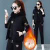 3 Pcs/Set Women Waistcoat Hoodie Pants Set Zip-up Padded Coat Embroidery Hooded Long Sleeves Top Elastic Waist Trousers Winter Tracksuit Sport Clothes