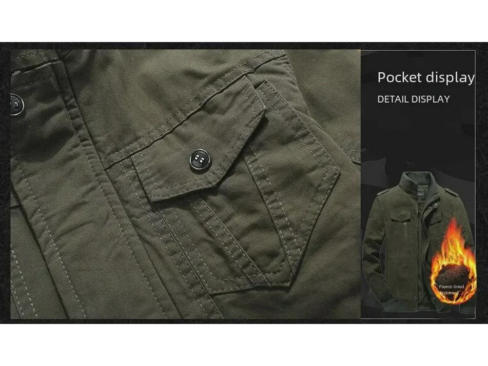 Men's Military-Style Washed Cotton Jacket with Velvet Lining