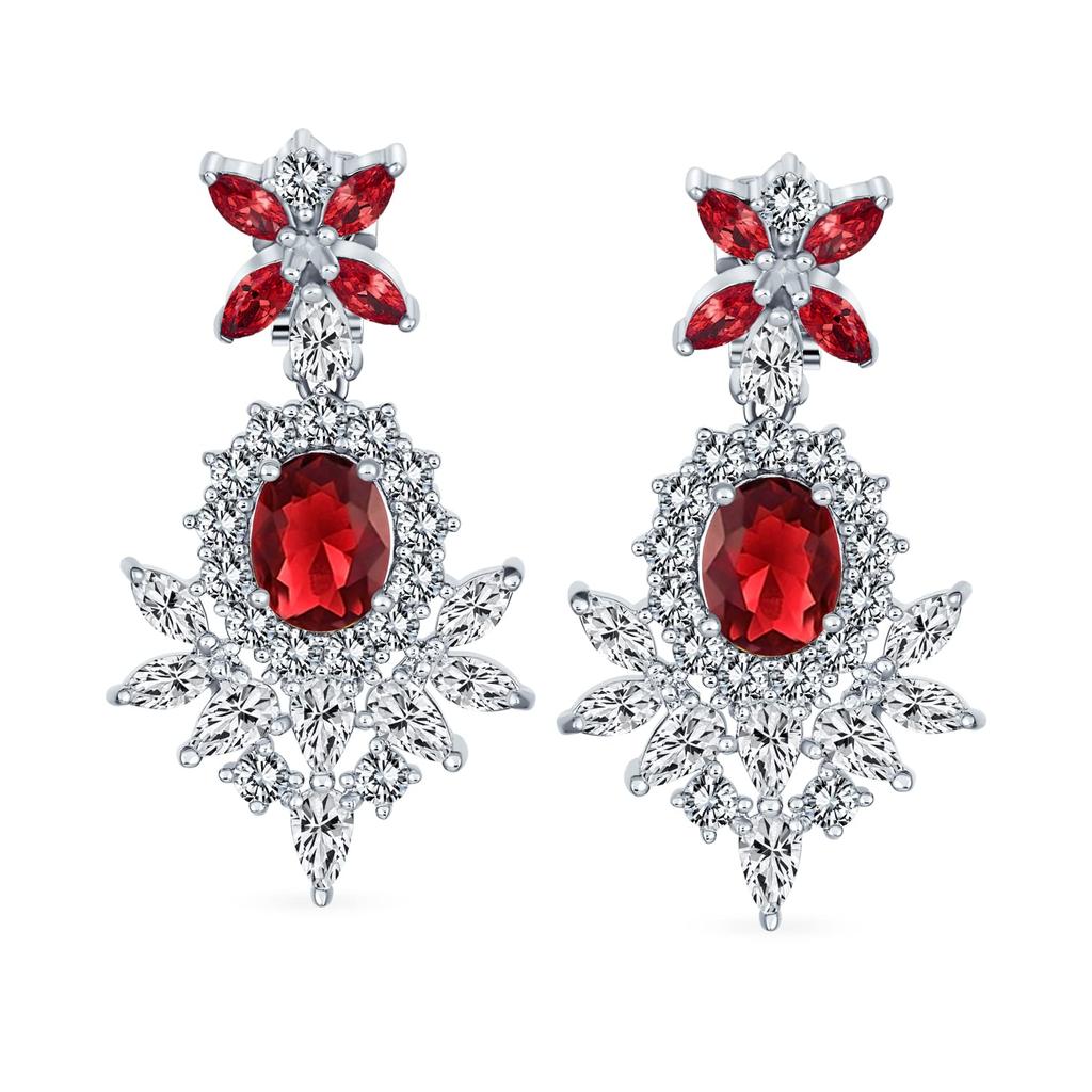 Винтажные серьги-клипсы в стиле ар-деко с красными имитацией рубина и фианитами класса AAA CZ для торжественного случая, свадьбы, выпускного бала, позолоченные.