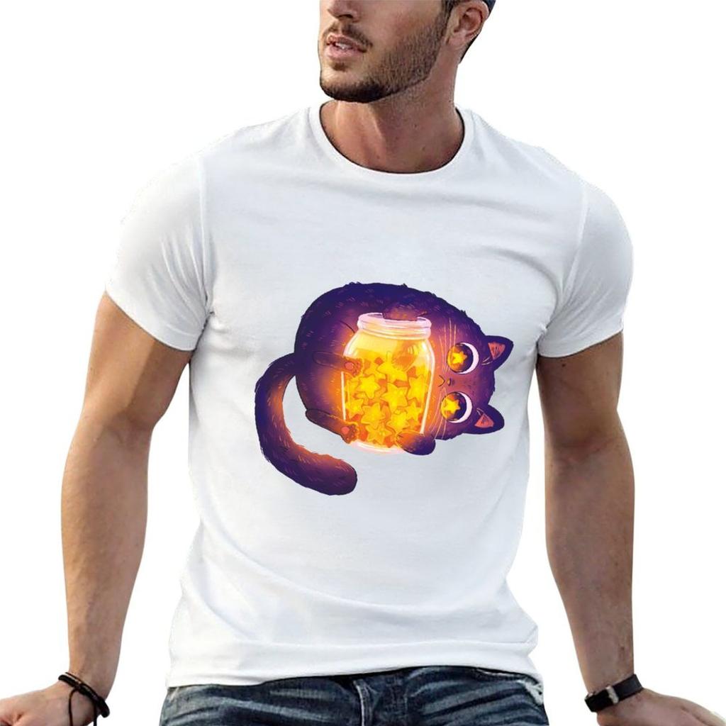 Cute Black Cat with his Star Jar TShirt cotton tshirt 100 t shirts designer TShirt