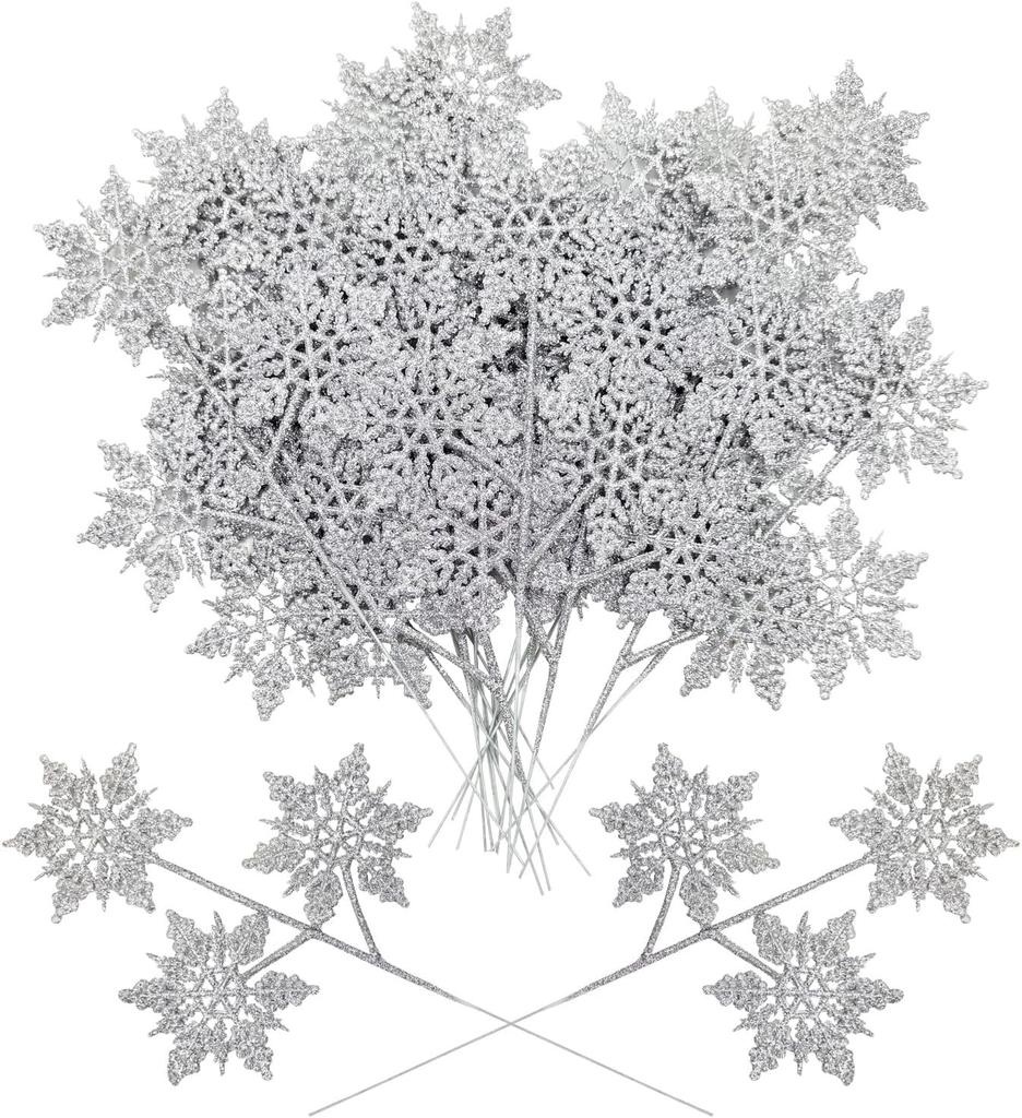 20 PCS Christmas Artificial Snowflake Picks & Sprays, Glitter Snowflake Decorations for Tree, Home, Party (White)