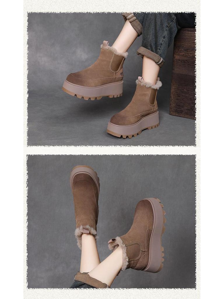 Женские зимние ботинки на платформе из бархатной кожи 2024 года: Теплые, удобные, короткие повседневные хлопковые ботинки на толстой подошве