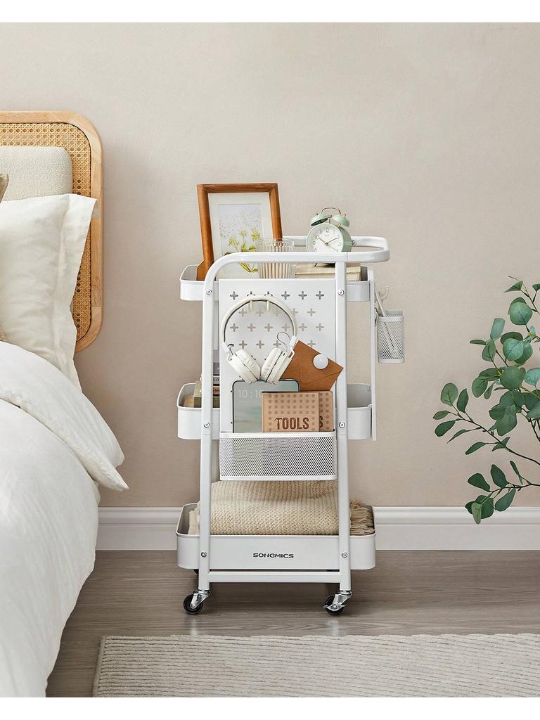 Тележка для хранения SONGMICS с 3 ярусами, Перекатная хозяйственная тележка, Полки из металлической сетки, 2 съемные перфорированные панели, 2 подвесных держателя, 4 крючка