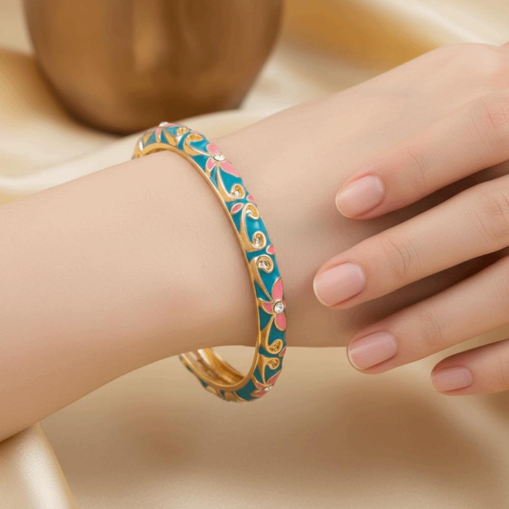 Lightweight Metal Cloisonne Floral Bangle Rhinestone Thin Bracelet  Holiday Presents