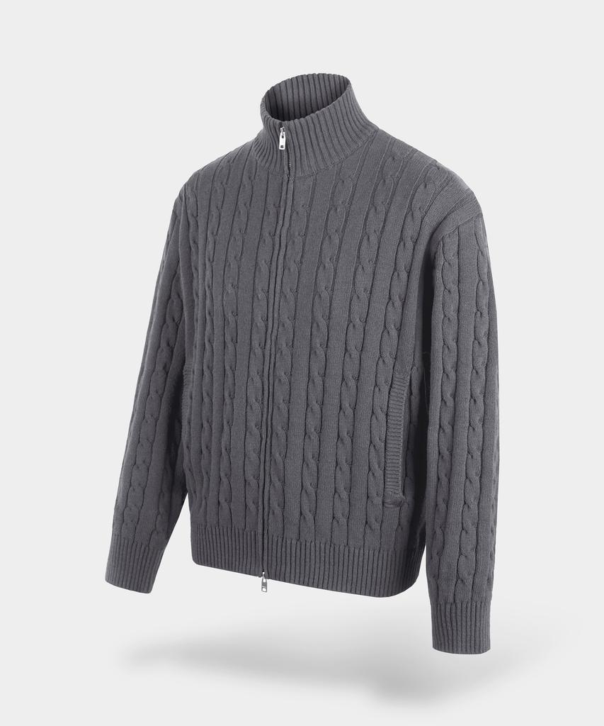 BIRBANTE Washable Cotton Cable Two-Way Knit Zip-Up - Grey