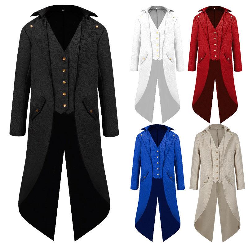Gothic Medieval Tailcoat Jacket Halloween Costumes for Men, Steampunk Vintage Victorian Frock High Collar Coat