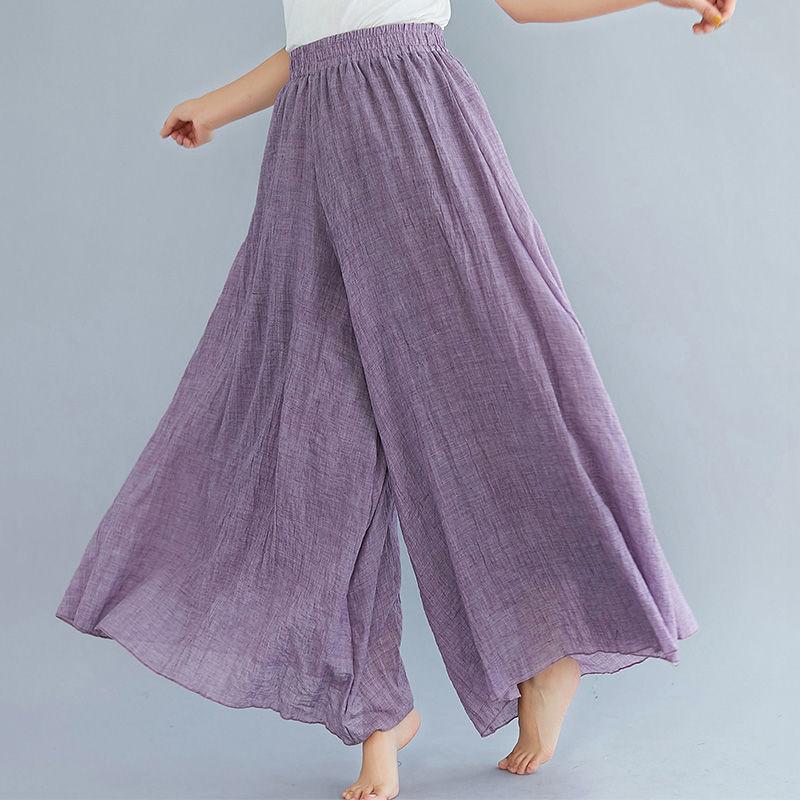 Artistic Cotton Wide Leg Pants for Women's Summer Loose and Casual Solid Color Big Swing High Waist Retro Yoga Pants Skirt