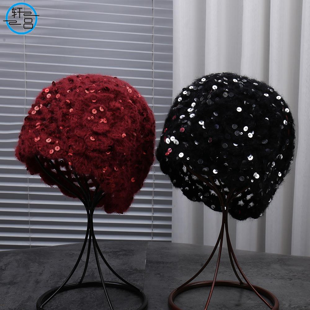 Autumn and winter new fashion sequin decorative hollow headgear knitted flower temperament warm wool hat