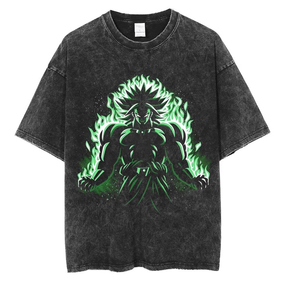 Dragon Ball Broly Super Saiyan Green Flame Nostalgic Washed Men T-Shirt Cotton Men's and Women's Summer Top