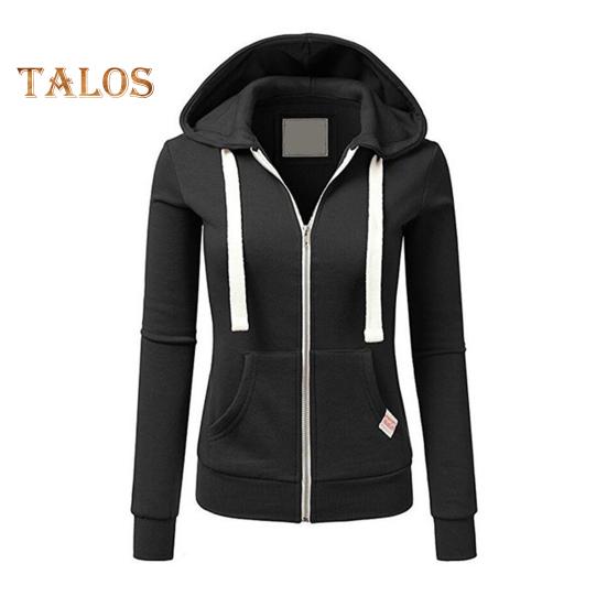 Fall Winter Women Jacket Drawstring Hooded Zip-up Long Sleeves Pure Color Slim Fit Elastic Cuff Cardigan Pockets Sport Fitness Coat