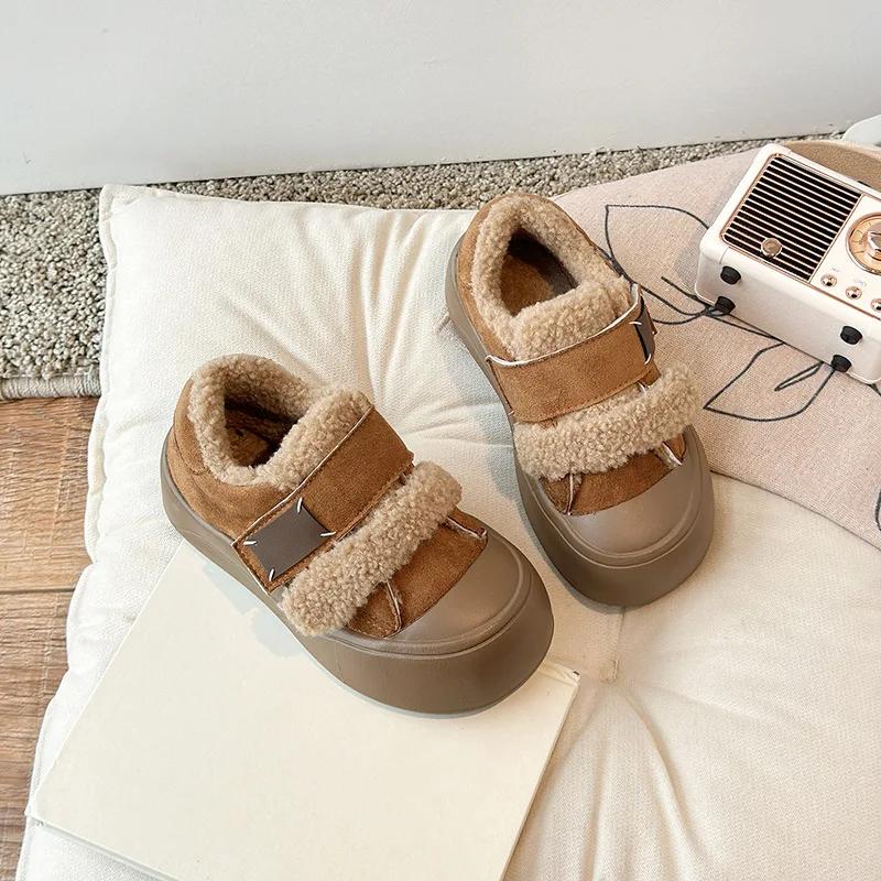 Girls Flat Shoes Toes Capped Non-slip for Winter Children Warm Shoes Korean Style 2024 Winter Kids Fashion Shoes Sweet Hook&loop