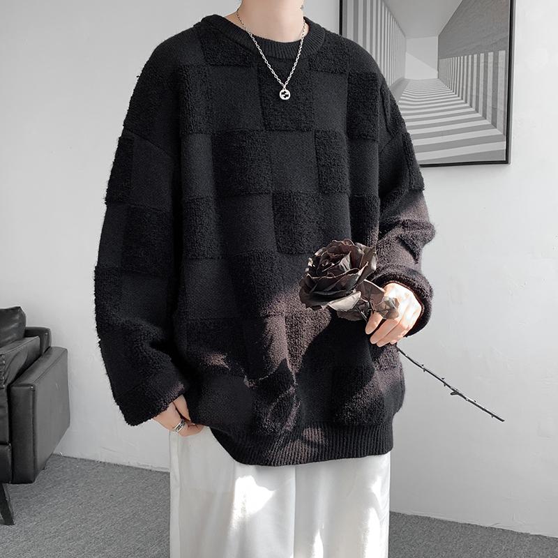 American Style Towel Check Design Fashion Sweater Coat Men's Fall Winter Casual Loose Pullover Unisex Sweater Streetwear