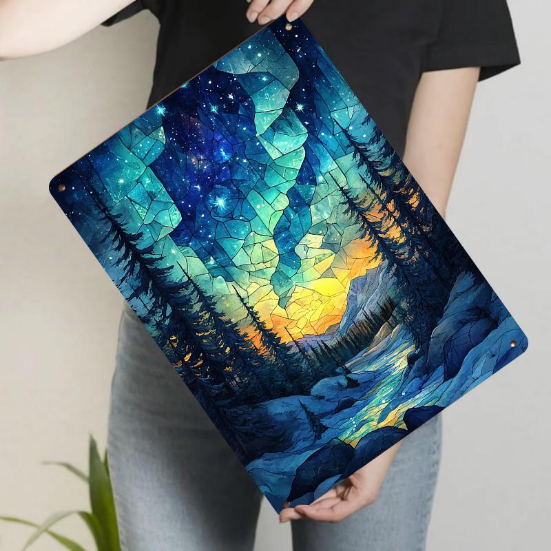 Stained Glass Style Starry Night Forest Metal Wall Art Modern Home Decor for Living Room Bedroom Office