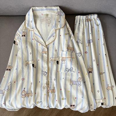 Пижамный комплект с принтом собаки в стиле Харадзюку, повседневная уличная пижама для женщин, дизайн с лацканами и пуговицами на шее, ночная рубашка