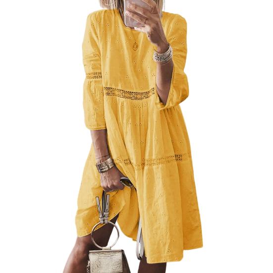 Женское платье, кружевное, с открытой вышивкой, с рукавами три четверти, однотонное, свободное, до колена, свободное, трапециевидное, с круглым вырезом, миди-платье