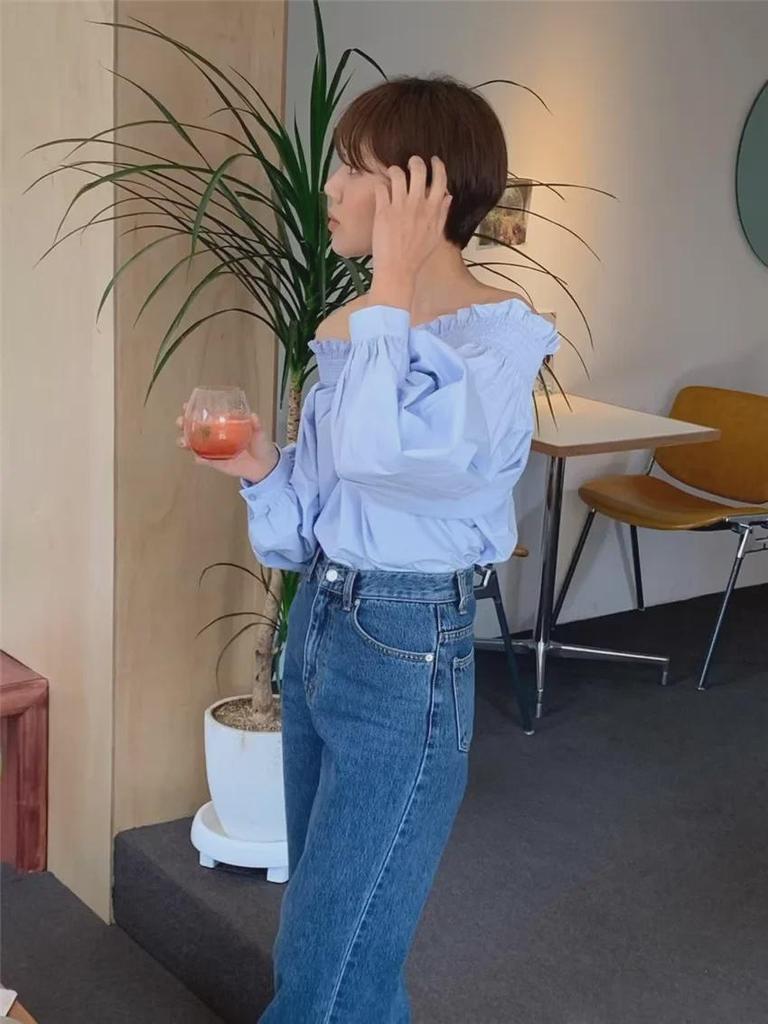 Корейский шик Двусторонняя рубашка с открытыми плечами и рукавами-фонариками для женщин - Французский молочно-голубой отбеливающий дизайн