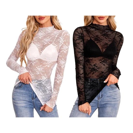 Женские прозрачные сетчатые кружевные топы Сексуальная рубашка с цветочной вышивкой и длинным рукавом Базовые топы Универсальные просвечивающие