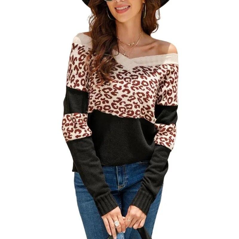 Модный пуловер с леопардовым принтом, осенние сексуальные свитера с открытыми плечами, свободная зимняя одежда, теплые вязаные топы 29446