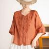 Summer New Five Quarter Sleeve Embroidered Women's Versatile Solid Color Shirt for Middle-aged