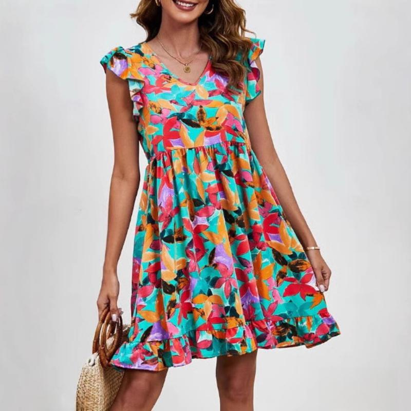 GMXIA Летнее платье с принтом листьев, повседневные праздничные платья с V-образным вырезом