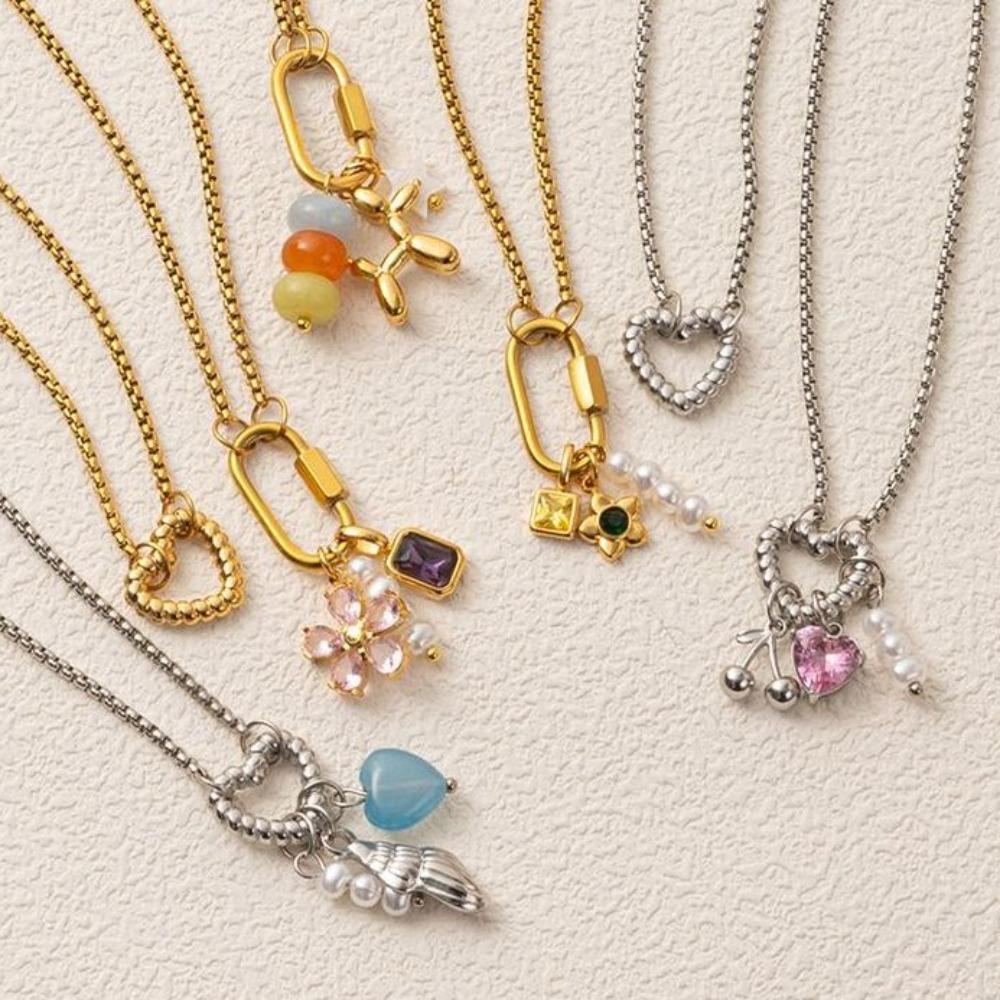 Stainless Steel Heart Beaded Necklace Crystal Flower Pendant Necklace  Vacation