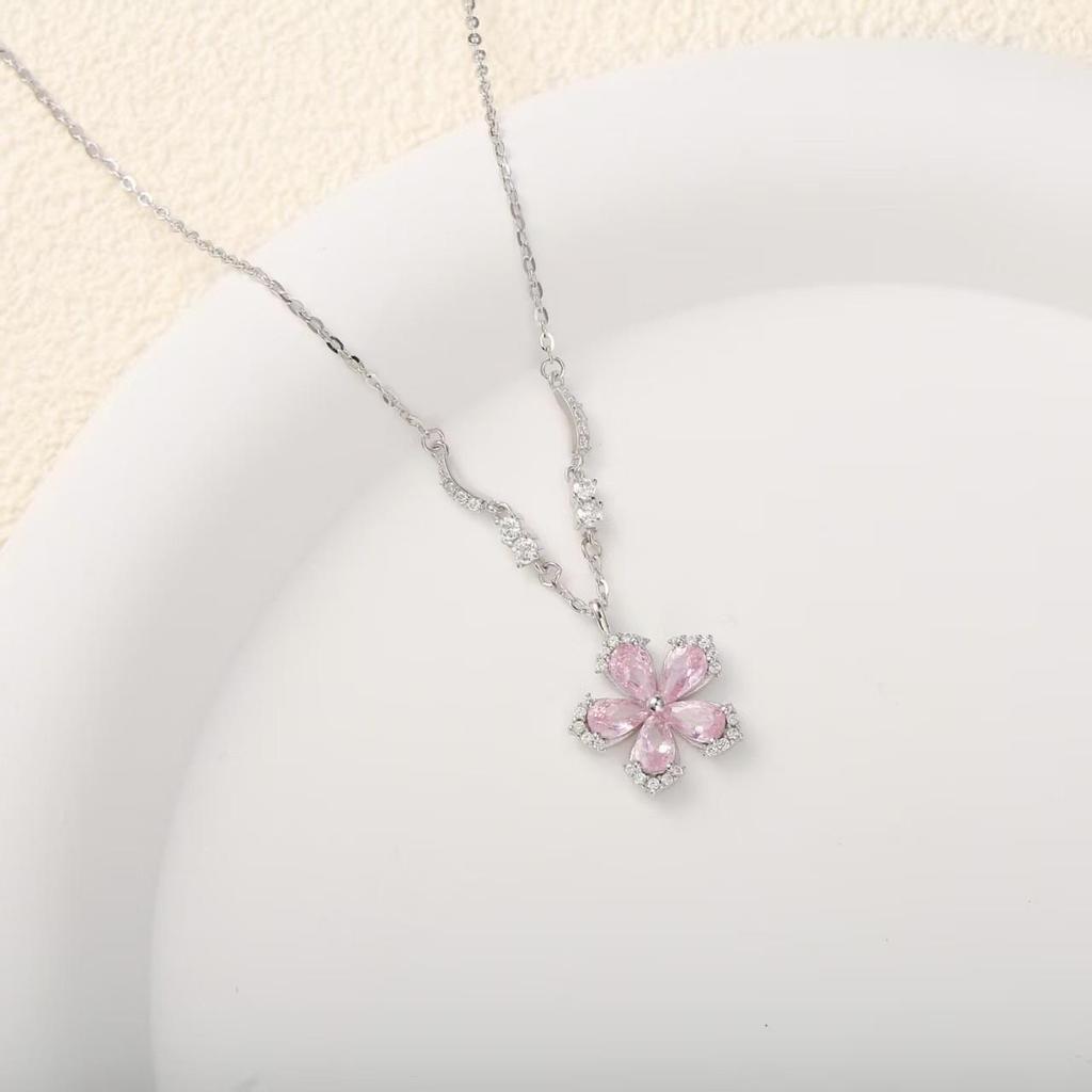 Серебряная цепочка на ключицу S925 с розовым цветком и полумесяцем - Элегантный, Высококлассный дизайн