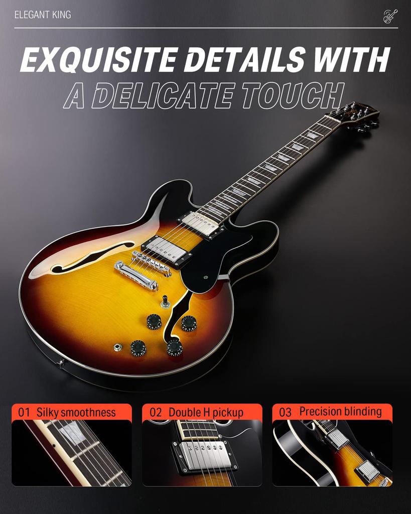 Donner Electric Double Tiger Color DJP-1000B Semi-Acoustic Guitar, Semi-Hollowbody, Cutaway,