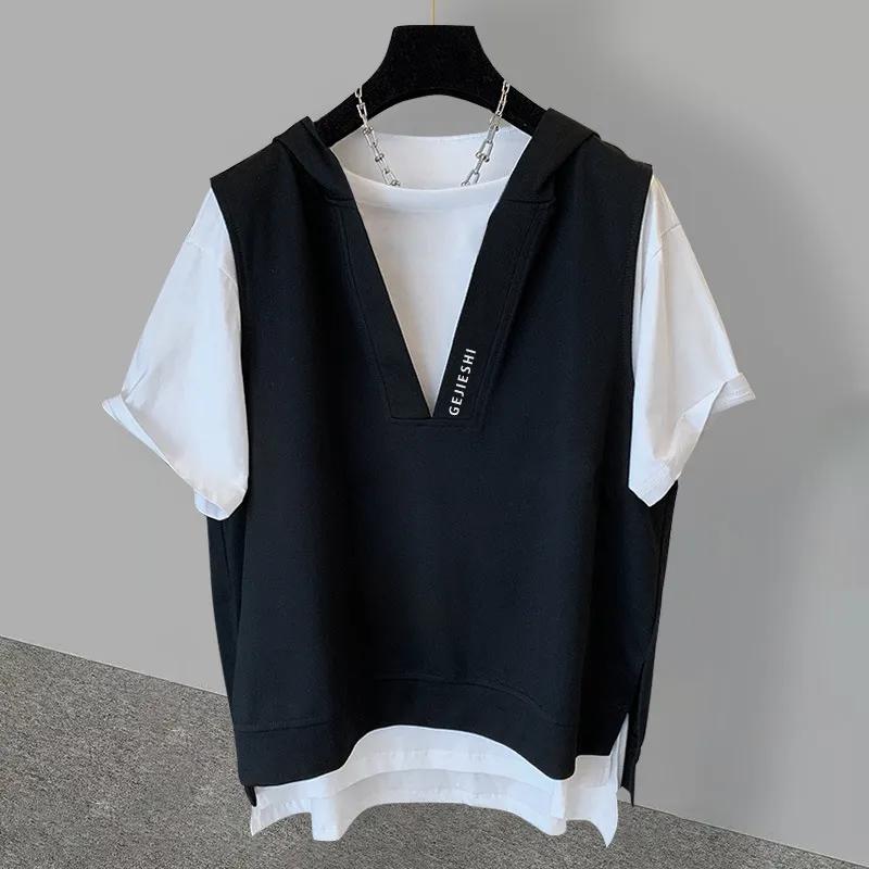 Футболка из двух частей с вышивкой и капюшоном, женская летняя свободная футболка с короткими рукавами