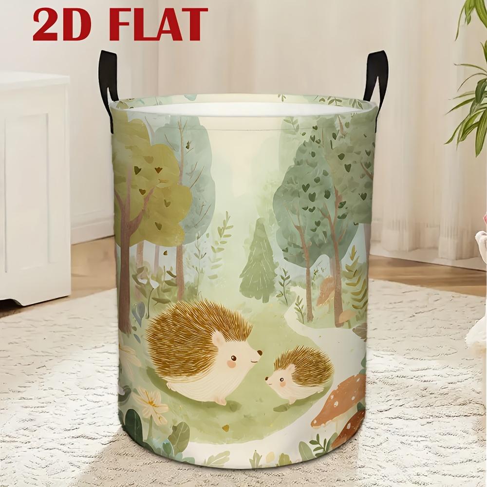 1pc of Round Laundry Basket Featuring a Forest Hedgehog Design - a Healing Forest Animal Motif Printed in 2D for Collecting Dirty Clothes. This Durabl
