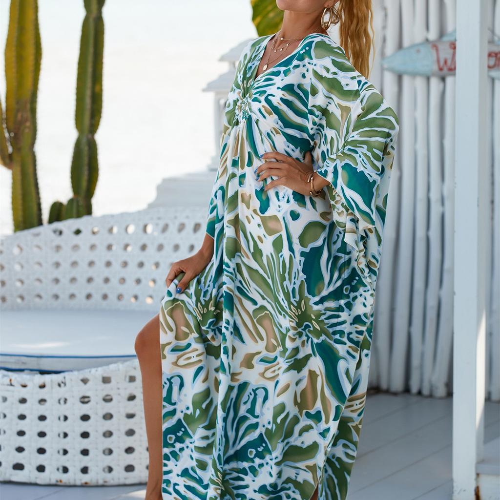 YYFS Женская мода отпуск лето весна зеленый камуфляжный принт с длинным рукавом и v-образным вырезом повседневные платья