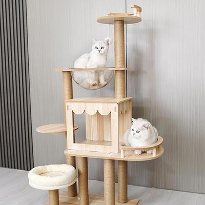 Многоярусный кошачий комплекс Деревянная когтеточка для кошек Современные игрушки для домашних животных для помещений с гнездом Столбики-когтеточки для котят Игровой домик-дерево для кошек