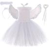 White Angel Costume for Girls Halloween Birthday Party Dresses Kids Glitter Tulle Princess Tutu Dress with Halo Feathers Wings Wand