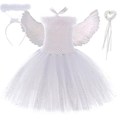 Костюм белого ангела для девочек на Хэллоуин, день рождения, платья для детей, блестящее фатиновое платье-пачка принцессы с нимбом, перьями, крыльями, волшебной палочкой